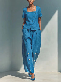 Womens Loose Short-Sleeve Top And High-Waist Pants Two-Piece Set