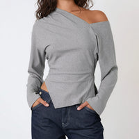 Comfortable Slim-fit Asymmetric Off-shoulder Solid-color Versatile Womens Blouse