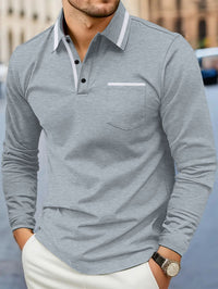 European And American Men's Spring And Autumn Daily Casual Patchwork Pocket Solid Color Lapel Long Sleeve Plus Size Polo Shirt