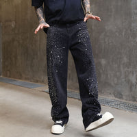 Men's High Street Washed Straight Full Diamond Design Jeans