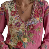 Artistic Printed Crew Neck Long-sleeve Blended Fabric T-shirt Blouse With Ethnic Style