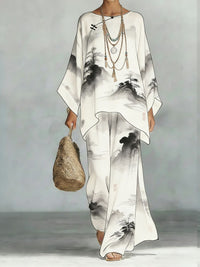 Women's Floral Print Linen Wide-Leg Two-Piece Set