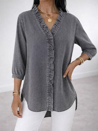 Women's Fashionable Casual Faux Denim V-Neck Shirt