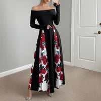 Off-shoulder Contrast-color Patchwork Long-sleeve Elegant Figure-flattering Dress