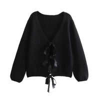V-neck Long Sleeve Sequined Bow Tie Knitted Cardigan Sweater