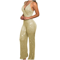 Womens Tight-fitting Sequin V-neck Bodycon Jumpsuit