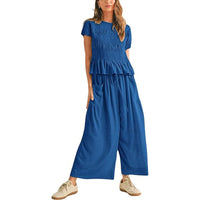 European And American Womens Fashion Elastic-waist Pleated High-waist Wide-leg Pants