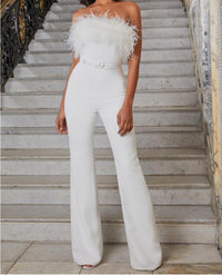 Sexy Sleeveless Feather Slimming Bowknot Decoration Straight Long Jumpsuit