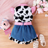 Flounced Sleeve Cow Print Top Denim Stitching Shorts Girls Suit