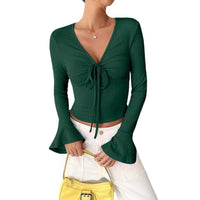 Womens Autumn City-style Blouse With A Notched Collar And Self-tie Cuffs