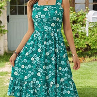 Womens Elegant Square-Neck Floral A-Line Sleeveless Dress