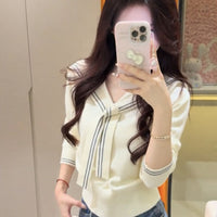 Sailor Collar Lace-up Striped Knitted Coat Women's Sweater