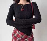 Retro Red Sweater Women's Irregular Hem Slim Fit Bottoming Top