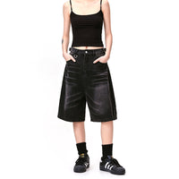 American Retro Denim Cropped Pants Washed Cat Beard Pattern