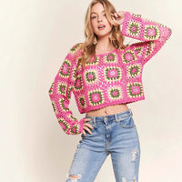 Multi-color Blocks Hollow Ethnic Style Bandage Dress Ladies Loose Pullover Top