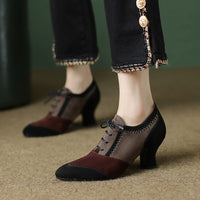 Front Tie Deep Opening Color-blocking Retro High-heel Leather Shoes