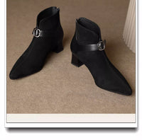 Pointed-toe Suede Belt-strap Mid-heel Ankle Boots