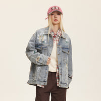 Washed Graffiti Ripped Denim Coat Design Jacket