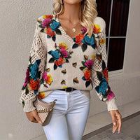 Elegant Bohemian Floral V-neck Long Sleeve Fashion Printed Sweater