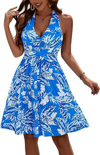 V-Neck Lace-Up Printed Pleated Pocket Dress For Women