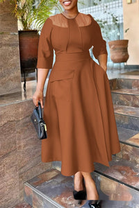 Womens Waist-Cinching Full-Skirted Solid-Color Dress