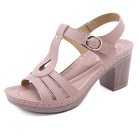 European And American Women's Metal Buckle Stitching Thick High Heel Comfortable Sandals