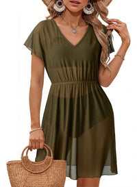Womens Short-Sleeve Waist-Cinching Mesh Dress