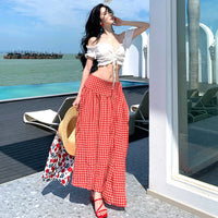 Youthful Red Plaid Skirt With Designer Flair Versatile Two-Way Skirt Set With A Strappy White Backless Top