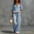 Cotton-Linen V-Neck Casual Comfortable Short-Sleeve Shirt And Pants Set