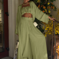 Sage Green 3-Piece Loungewear Set - Crop Top, Kimono Cardigan & Wide Leg Pants