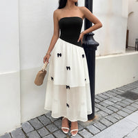 New French Sweet-Cool Style Black And White Contrasting Color Strapless Bow-Knot Dress