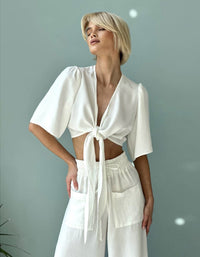 Fashionable Strappy Deep-V Top And Wide-Leg Pants Two-Piece Set