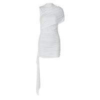 Pleated Puff Sleeve Patchwork Ribbon Dress