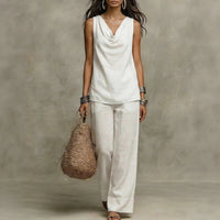 Womens Slash-Neck Sleeveless Tank Top And Casual Pants Set