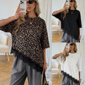 Women's Printed Leopard-Print Patchwork Lace Loose Short-Sleeve Top