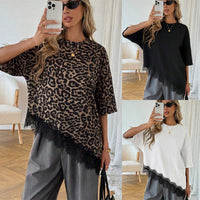 Women's Printed Leopard-Print Patchwork Lace Loose Short-Sleeve Top