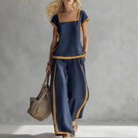 Womens Square-Neck Short-Sleeve Casual Loose Top And Pants Set
