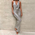 Fashionable Solid-Color Sequin Womens Sexy Backless Jumpsuit