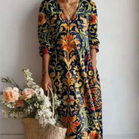 Womens Loose V-Neck Fashionable Long-Sleeve Printed Dress