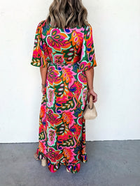 Womens Floral Peacock Lace-Up Swing Dress With Ruffled Hem
