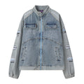 Men's Stitching Embroidered Letters Washed And Worn Zipper Denim Coat Fashion