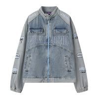 Men's Stitching Embroidered Letters Washed And Worn Zipper Denim Coat Fashion