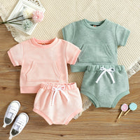Summer New Short Sleeve Large Pocket Sweatshirt Shorts Suit