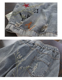 Elastic Waist Ripped Embroidered Vintage Straight Pants