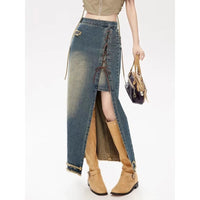 Women's Retro Lace Up High Waist Denim Skirt