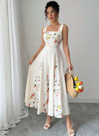 European And American Style French Cut-Waist Floral Embroidery Sleeveless Maxi Dress