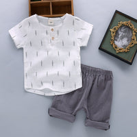 Children's Casual Printed Cotton Linen Short Sleeved Pants Set