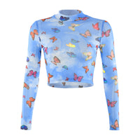 Women's Mesh Hollow-Out Butterfly Print Long-Sleeve Base Shirt
