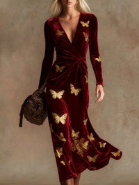Womens V-neck Long-sleeve Maxi Dress
