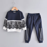 Lace Stitching Sweatshirt Suit Letter & Trousers Children's Two-piece Suit